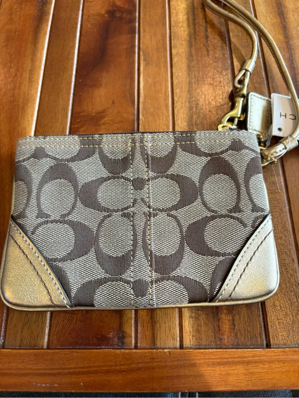 COACH Signature Jacquard Gold Canvas Coin Pouch Wristlet Wallet NWT